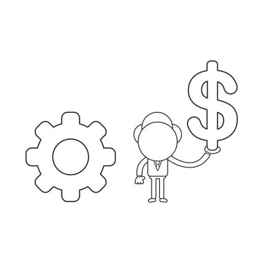 Vektör çizim işadamı karakter Dişli ve doları sembolü holding ile. Siyah anahat.