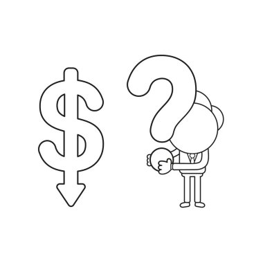 Vektör çizim işadamı karakter aşağıya taşınması ve soru işareti tutarak doları ok ile. Siyah anahat.