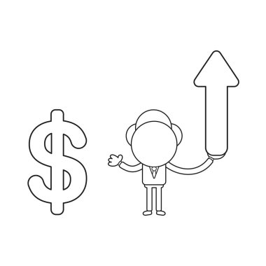 Kadar hareketli ve doları sembolü işaret vektör çizim işadamı karakter holding ok. Siyah anahat.
