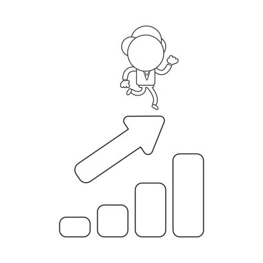 Vektör çizim işadamı karakter satış grafiği yukarı hareket üzerinde çalışan. Siyah anahat.