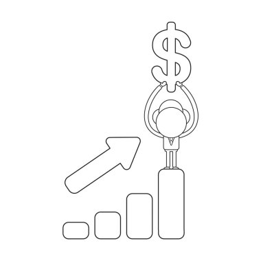 Vektör illüstrasyon iş adamı karakter doları sembolü satış grafiği yukarı hareket üstüne gidiyor. Siyah anahat.