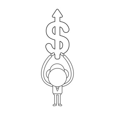 Vektör illüstrasyon iş adamı karakter yukarı hareket doları ok gidiyor. Siyah anahat.