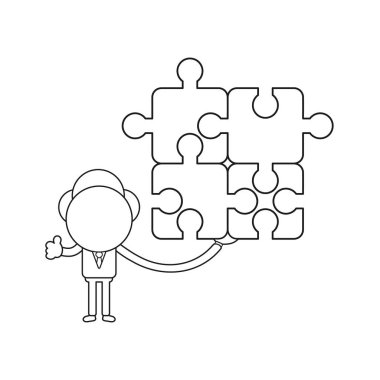 Vektör çizim işadamı karakter dört bağlı jigsaw puzzle parçaları tutarak ve mimik yaşasın. Siyah anahat.