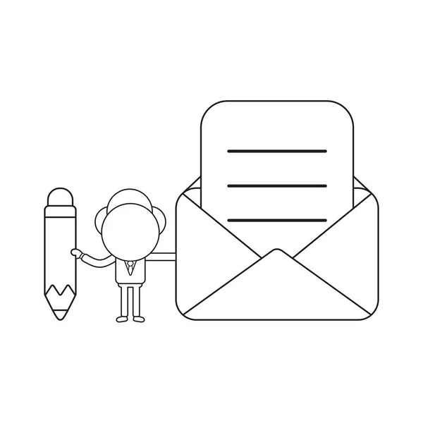 Векторна Ілюстрація Бізнесмен Персонаж Тримає Олівець Відкритий Поштовий Конверт Письмовим — стоковий вектор