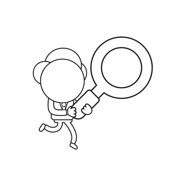 Ilustração Vetorial Personagem Empresário Correndo Segurando Lupa Esboço Preto — Vetor de Stock