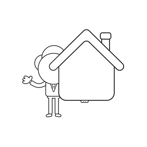 Vector Ilustração Empresário Personagem Segurando Casa Esboço Preto — Vetor de Stock
