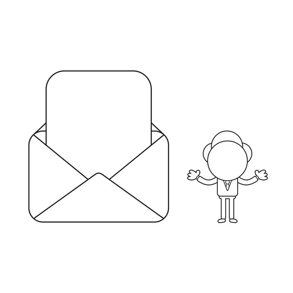 打开邮件信封中带有空白纸的矢量商人字符 黑色轮廓 — 图库矢量图片