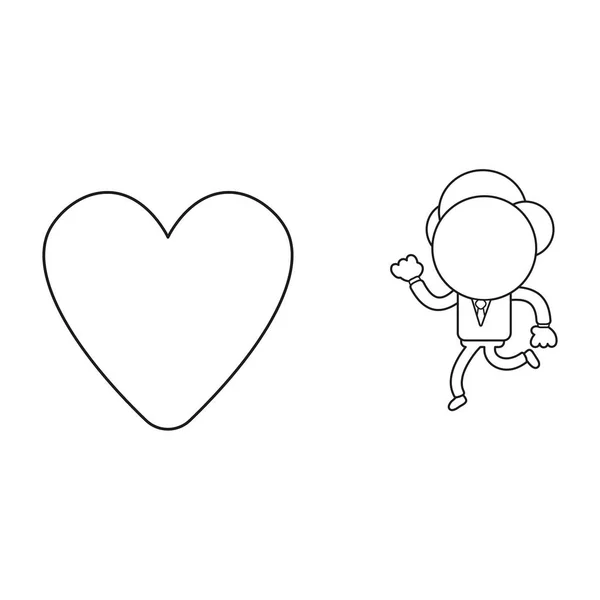 Ilustración Vectorial Personaje Hombre Negocios Corriendo Corazón Esquema Negro — Vector de stock