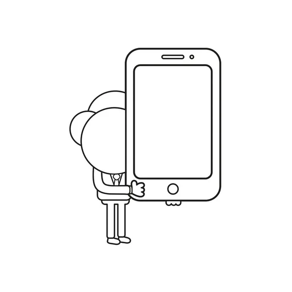Vektör Çizim Işadamı Karakter Holding Smartphone Siyah Anahat — Stok Vektör