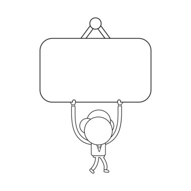 Vektör illüstrasyon iş adamı karakter yürüyüş ve boş siyah işareti asılı tutmak. Siyah anahat.