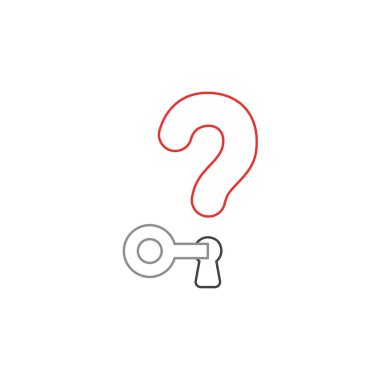 Soru işareti ile anahtar kilitleme veya kilidini açma anahtar deliği sembol simge beyaz arka plan üzerinde düz tasarım stil vektör illüstrasyon kavramı. Beyaz ve renkli anahatlar.