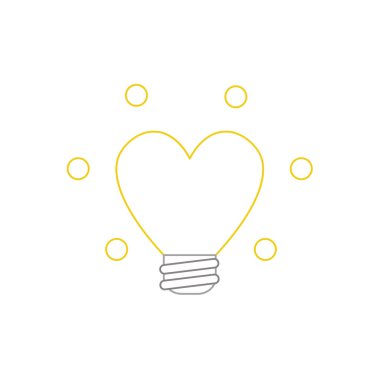 Düz tasarım stil vektör illüstrasyon kavramı parlak sarı ampul kalp şeklindeki sembolü simgesi beyaz arka plan üzerinde. Beyaz ve renkli anahatlar.