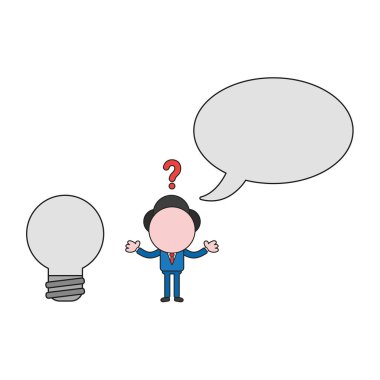 Vektör çizim işadamı karakter boş konuşma balonu ve ampul ile karıştı. Renk ve siyah anahatlar.