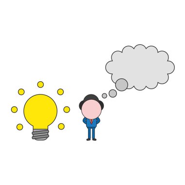 Vektör çizim işadamı karakter boş düşünce balonu ve parlayan ampul fikir. Renk ve siyah anahatlar.