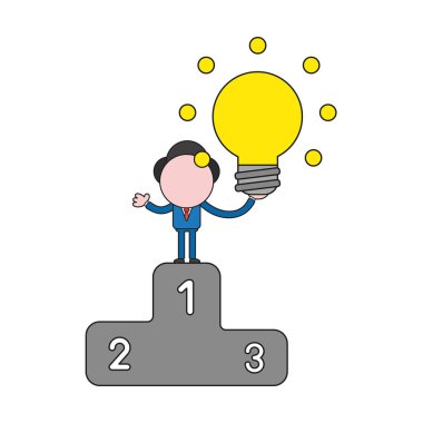 Vektör illüstrasyon iş adamı karakter parlayan ampul fikir birinciliği kazanan podyum üzerinde tutarak. Renk ve siyah anahatlar.