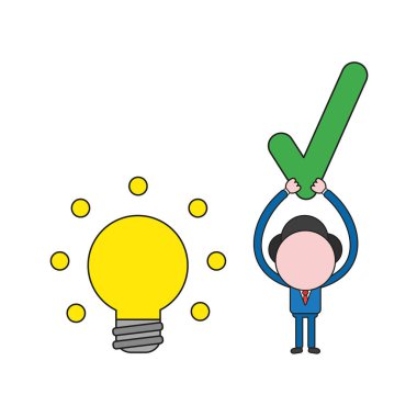 Ampul fikir parlayan ve onay işareti kadar holding ile vektör çizim işadamı karakter. Renk ve siyah anahatlar.
