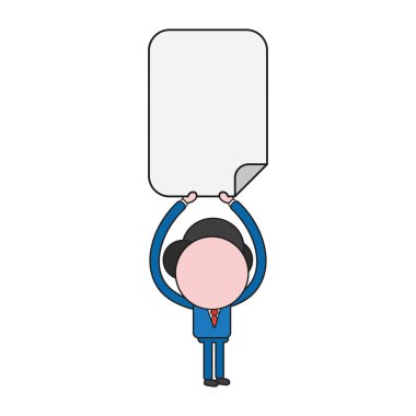 Vektör illüstrasyon iş adamı karakter kadar boş kağıt tutan. Renk ve siyah anahatlar.