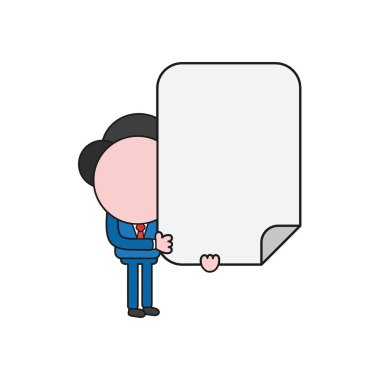 Vektör çizim işadamı karakter boş kağıt tutan. Renk ve siyah anahatlar.