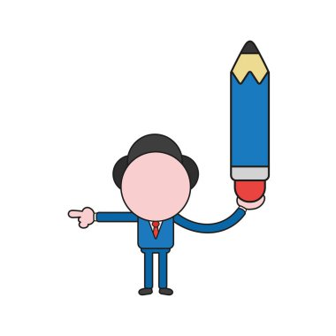 Kalem tutan ve işaret vektör çizim işadamı karakter. Renk ve siyah anahatlar.