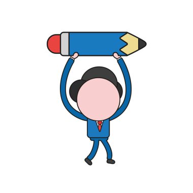 Yürüyüş ve kalem tutan vektör çizim işadamı karakter. Renk ve siyah anahatlar.