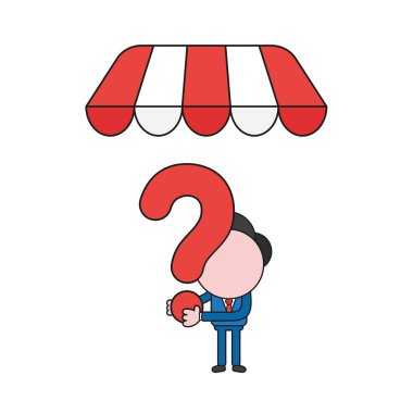 Vektör çizim işadamı karakter holding soru işareti dükkanı store tente altında. Renk ve siyah anahatlar.