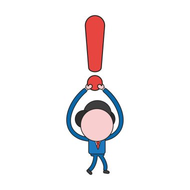 Yürüyüş ve ünlem işareti taşıyan vektör çizim işadamı karakter. Renk ve siyah anahatlar.