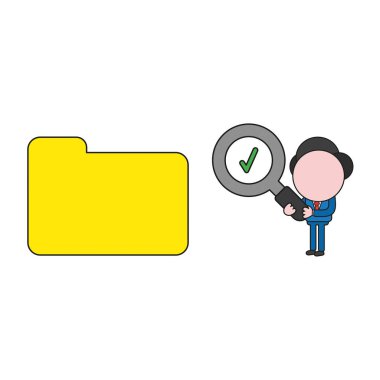 Onay işareti olan Büyüteç tutarak ve kapalı dosya klasörü seyir vektör çizim işadamı karakter. Renk ve siyah anahatlar.