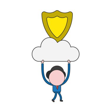 Vektör illüstrasyon iş adamı karakter yürüyüş ve muhafız kalkan bulut üzerinde gidiyor. Renk ve siyah anahatlar.