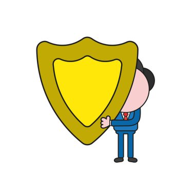 Vektör illüstrasyon iş adamı karakter koruma kalkanı tutarak. Renk ve siyah anahatlar.