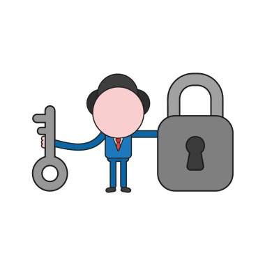 Vektör çizim işadamı karakter anahtar ve kapalı asma kilit tutan. Renk ve siyah anahatlar.