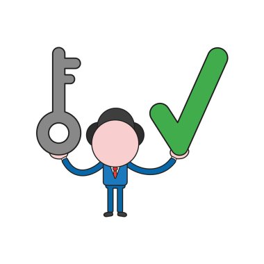 Vektör çizim işadamı karakter holding anahtar ve onay işareti. Renk ve siyah anahatlar.