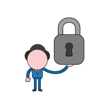 Vektör çizim işadamı karakter holding kapalı asma kilit. Renk ve siyah anahatlar.