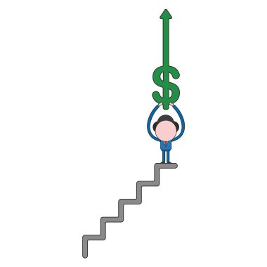 Vektör illüstrasyon iş adamı karakter kadar hareketli merdiven üstünde tepe-in dolar ok gidiyor. Renk ve siyah anahatlar.