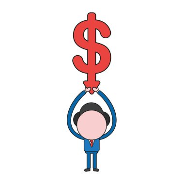 Vektör çizim işadamı karakter yukarı aşağı hareket doları ok holding. Renk ve siyah anahatlar.