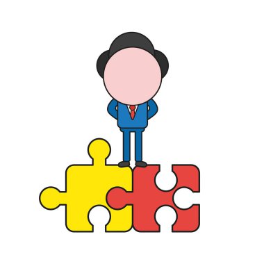 Vektör çizim işadamı karakter duran iki bağlı jigsaw puzzle parçaları. Renk ve siyah anahatlar.