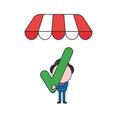 Vektör çizim işadamı karakter holding onay işareti dükkanı store tente altında. Renk ve siyah anahatlar.