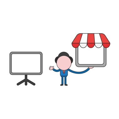 Vektör çizim işadamı karakter boş sunu grafik ve mağaza holding ile. Renk ve siyah anahatlar.