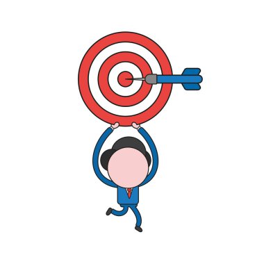 Vektör çizim işadamı karakter çalıştıran ve boğa göz merkezi dart ile taşıyan. Renk ve siyah anahatlar.