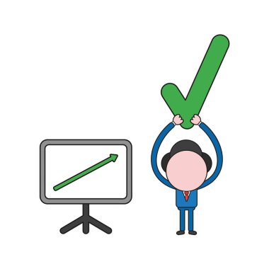 Vektör çizim işadamı karakter kadar hareketli ve onay işareti kadar holding satış grafiği ok ile. Renk ve siyah anahatlar.