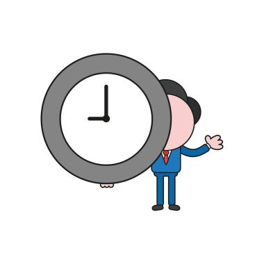 Vektör illüstrasyon iş adamı karakter saat zaman tutarak. Renk ve siyah anahatlar.