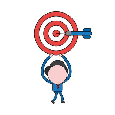 Vektör çizim işadamı karakter yürüyüş ve boğa göz merkezi dart ile gidiyor. Renk ve siyah anahatlar.