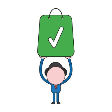 Vektör çizim işadamı karakter alışveriş çantası onay işareti ile gidiyor. Renk ve siyah anahatlar.