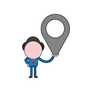 Vektör illüstrasyon iş adamı karakter harita işaretçi tutarak. Renk ve siyah anahatlar.