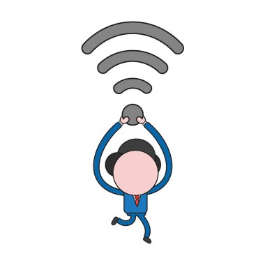 Çalışan ve kablosuz wifi sembolü taşıyan vektör çizim işadamı karakter. Renk ve siyah anahatlar.