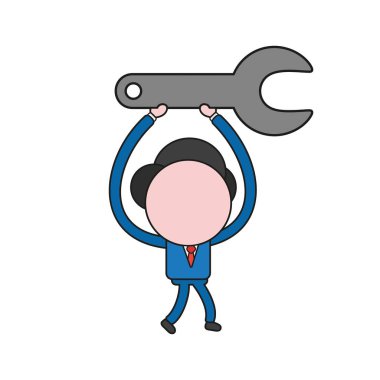 Yürüyüş ve somun anahtarı taşıyan vektör çizim işadamı karakter. Renk ve siyah anahatlar.