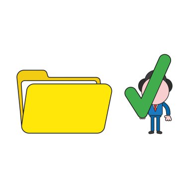 Vektör çizim işadamı karakter holding dosya klasörü açmak için onay işareti. Renk ve siyah anahatlar.