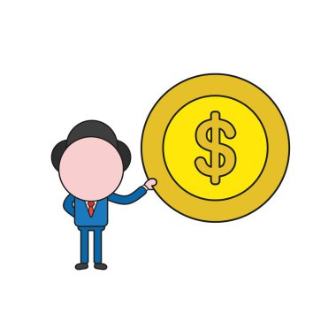 Vektör illüstrasyon işadamı karakter Doları para madeni para tutuyor. Renk ve siyah anahatlar.