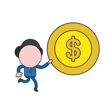 Çalışan ve doları para sikke taşıyan vektör illüstrasyon iş adamı karakteri. Renk ve siyah anahatlar.