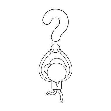 Vektör işadamı karakter çalışan ve soru işareti taşıyan.