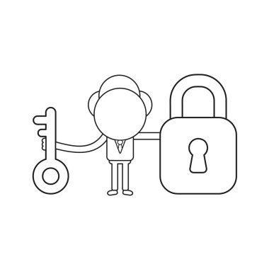 Vektör işadamı karakter anahtar ve kapalı asma kilit tutan. Bla